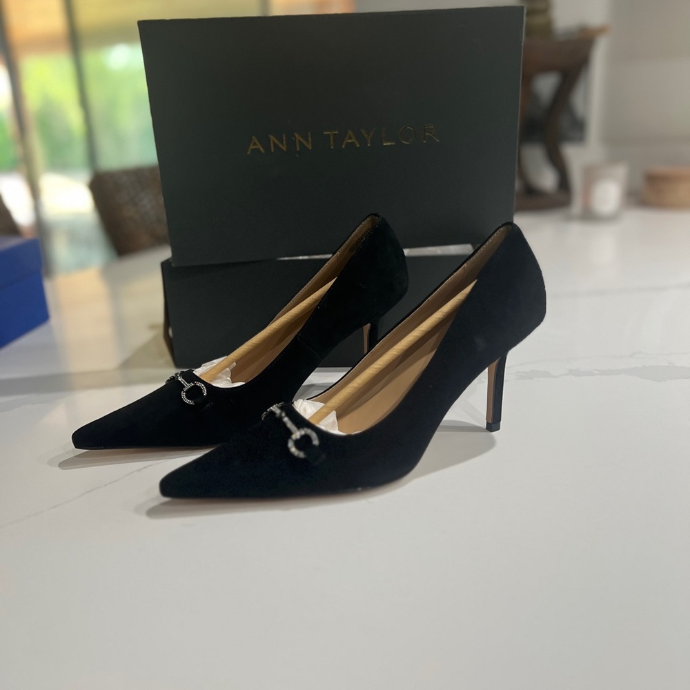 Ann Taylor Black Suede Heels with Silver Accent